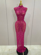 Sexy Sparkly Crystal Diamonds Mesh See Through Long Dress 2025 New Women Elegant Party Costume Singer Stage Performance Outfit